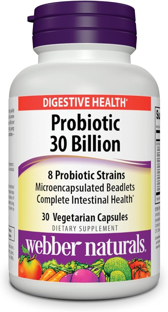 Webber Naturals Probiotika, High Potency, 30 Milionů CFU, pro muže, ženy, a dospělé, Stabilní (No Liberation Required), 8 Probiotic Straines, 30 Vegetariánské kapsle, pro stravovací zdraví