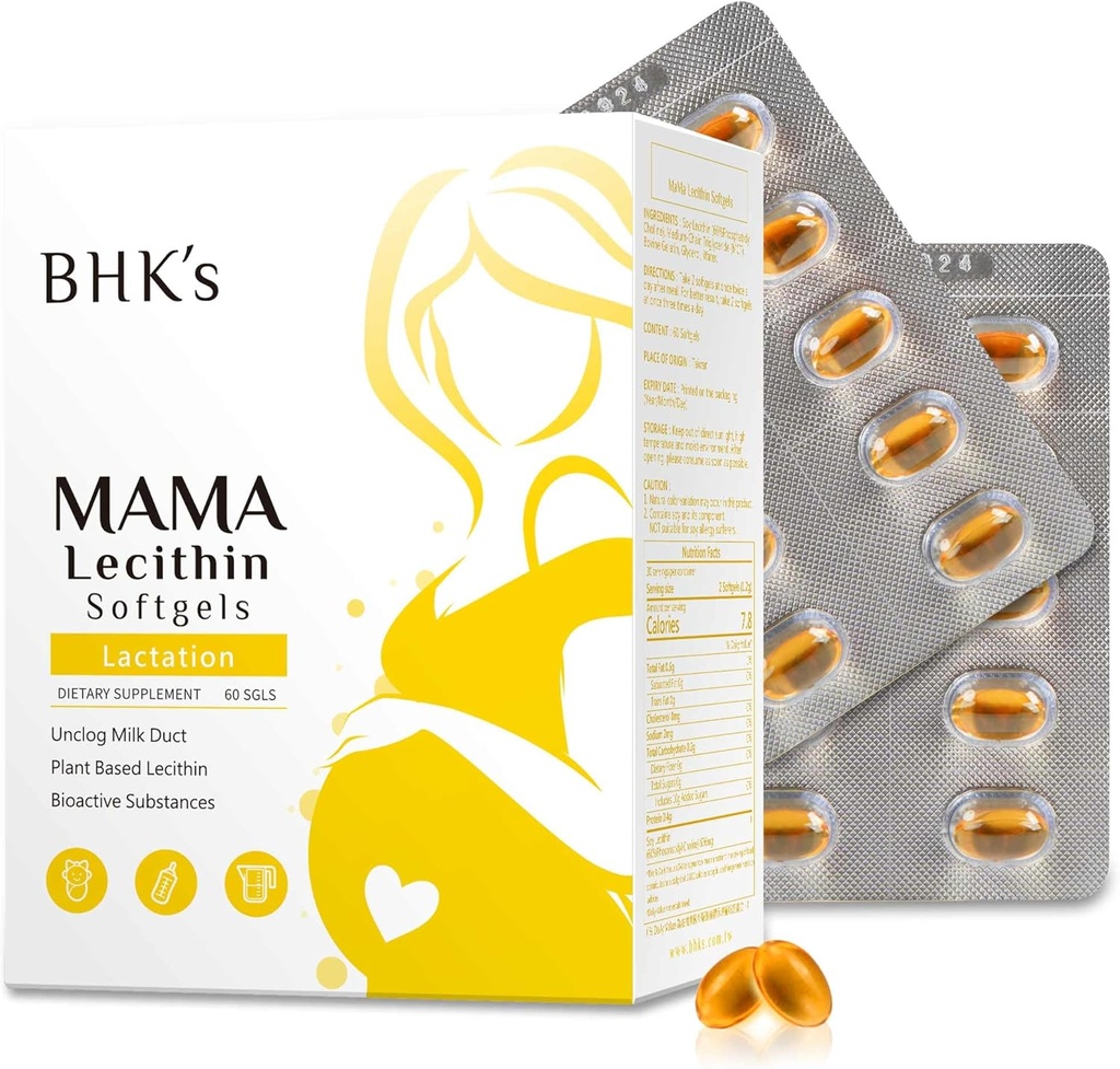 BHK 's Mama Lecithin Softgels, Unclog prsní kanálky pro hladké kojení, dodatek pro těhotenství, Vyhněte se ucpané mléčné kanálky, 60 softgels, 2- Týden dodávky