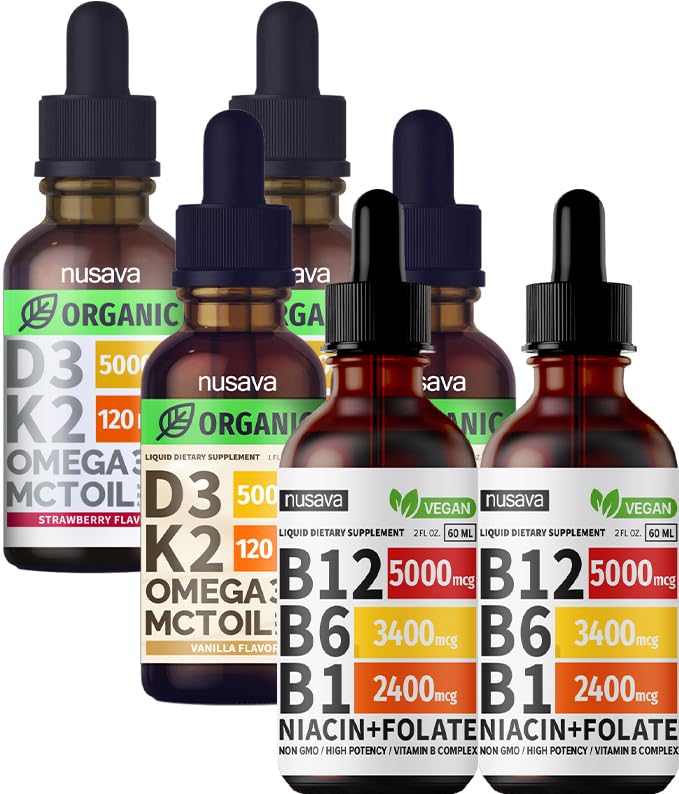 NUSAVA Vitamin B12 Tekuté kapky Bundle, Jahodové ochucené D3 K2, & Vanilla ochucené D3 K2 - Potenciální tekuté vitaminy pro srdce, energie, Brain & Imunitation Support - Non- GMO, gluten- Free, 2pk Každý
