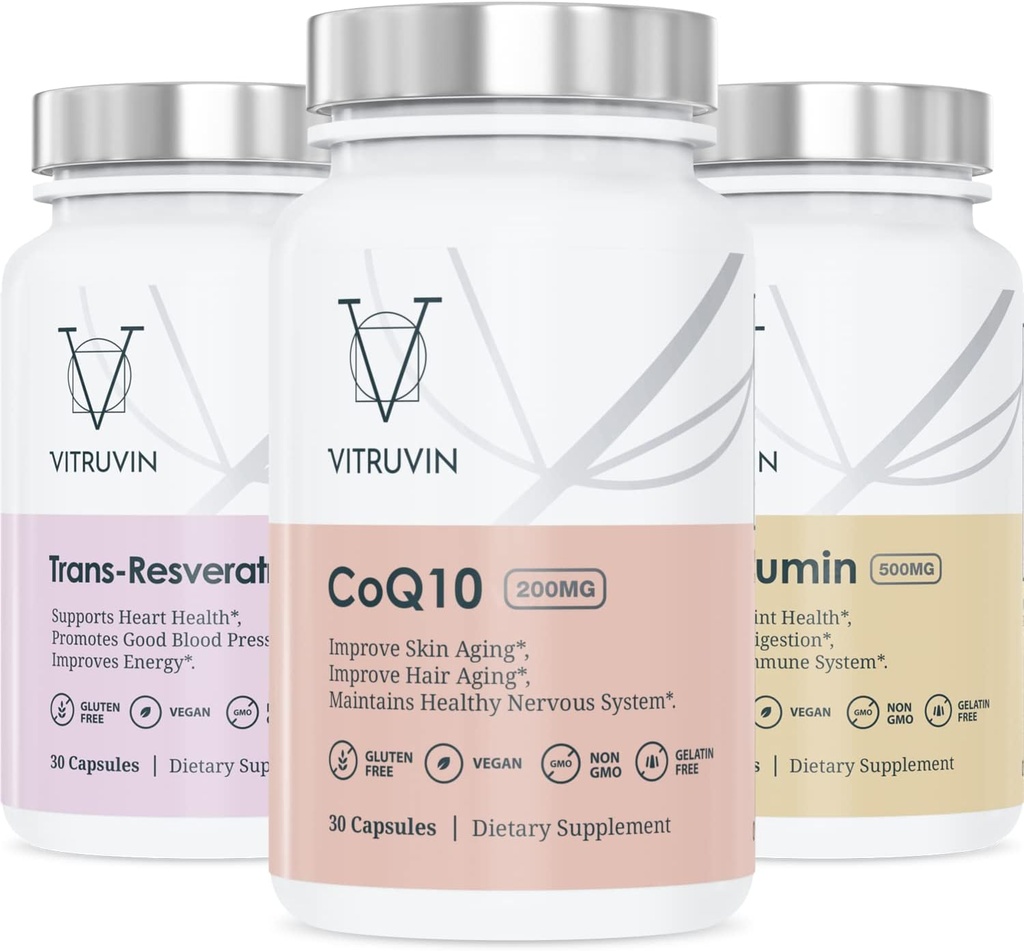 Vitruvin Beauty + Comfort Pack COQ10 200mg + Trans- Resveratrol 500mg + Curcumin 500mg, Vegan, Non- GMO, gluten- Free, Gelatin- Free. Zdravá pleť, sluch, klouby a mozek