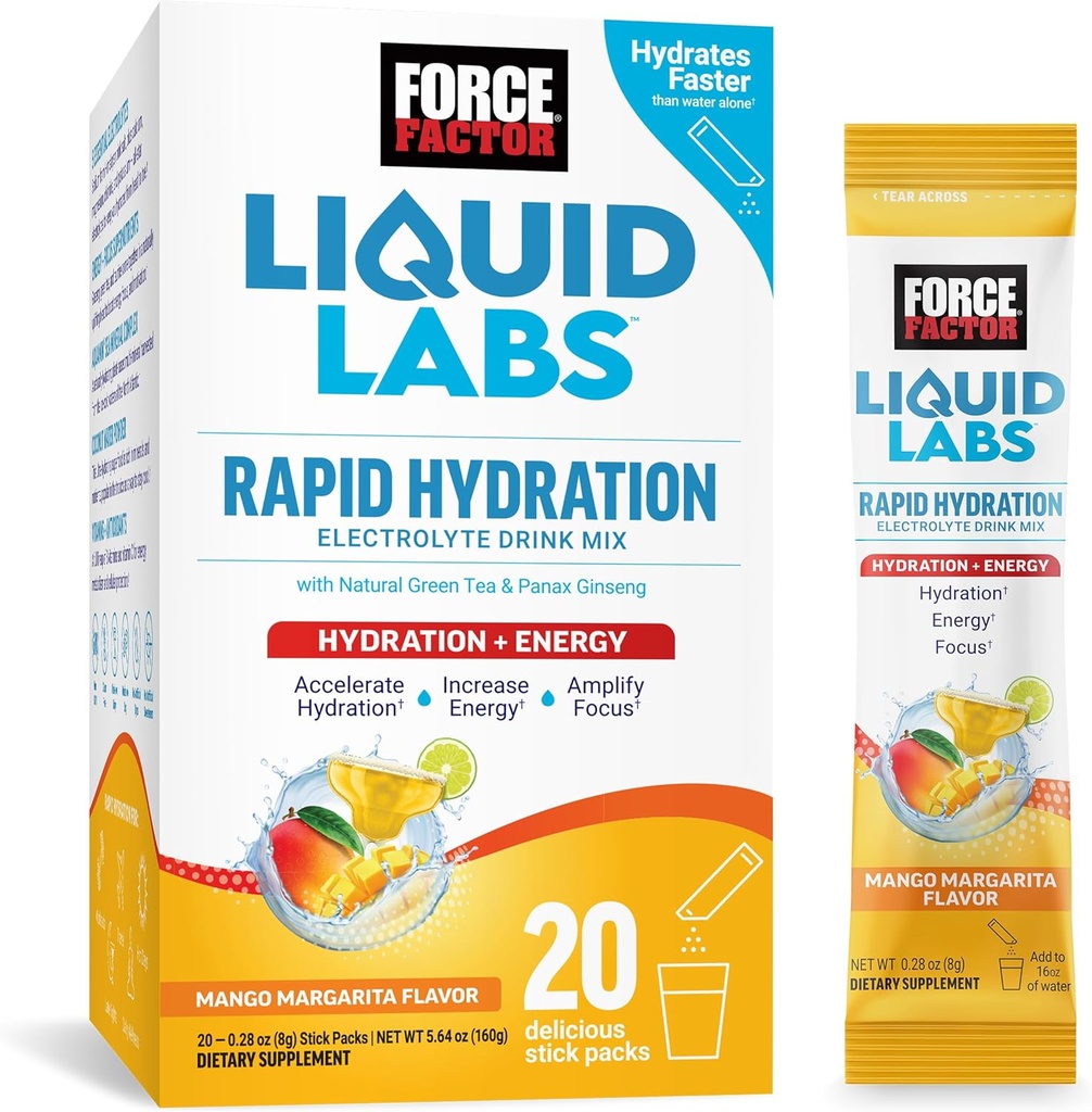 Force faktor tekuté Labs Electrolytes Powder Packets - Mango Margarita - Energy Hydration Packets to make Electrolyte Water with 5 Essential Electrolytes, Vitamíny, Minerály a antioxidanty, 20 Stick Packs
