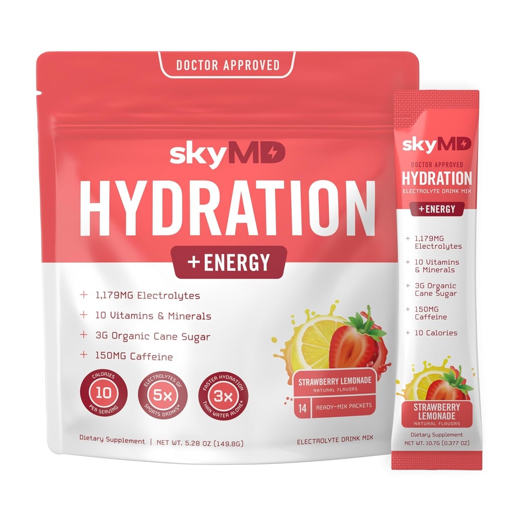 Hydratace SkyMD + Energetika 124; Electrolytes Powder Packets OF 124; Nízký cukr, sodík, 10 Calories OF 124; 10 Vitamíny & Minerály OF 124; 150g Kofein pro zvýšenou koncentraci a výkon OF 124; Jahodová citronáda 124; 14 Sticks