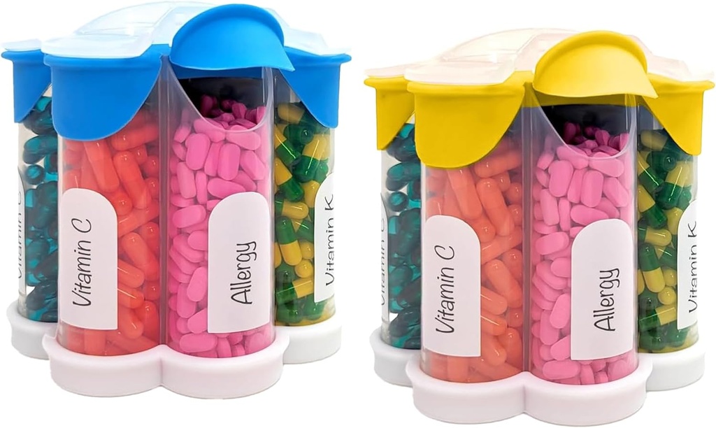 Extra velký pilulkový organizátor Denní, Týdenní, Měsíční dodatek Lahvička, Cute Blossom Pill Dipenser se 7 XL Compartments (2 Pack Combo) (světle modrá a žlutá)
