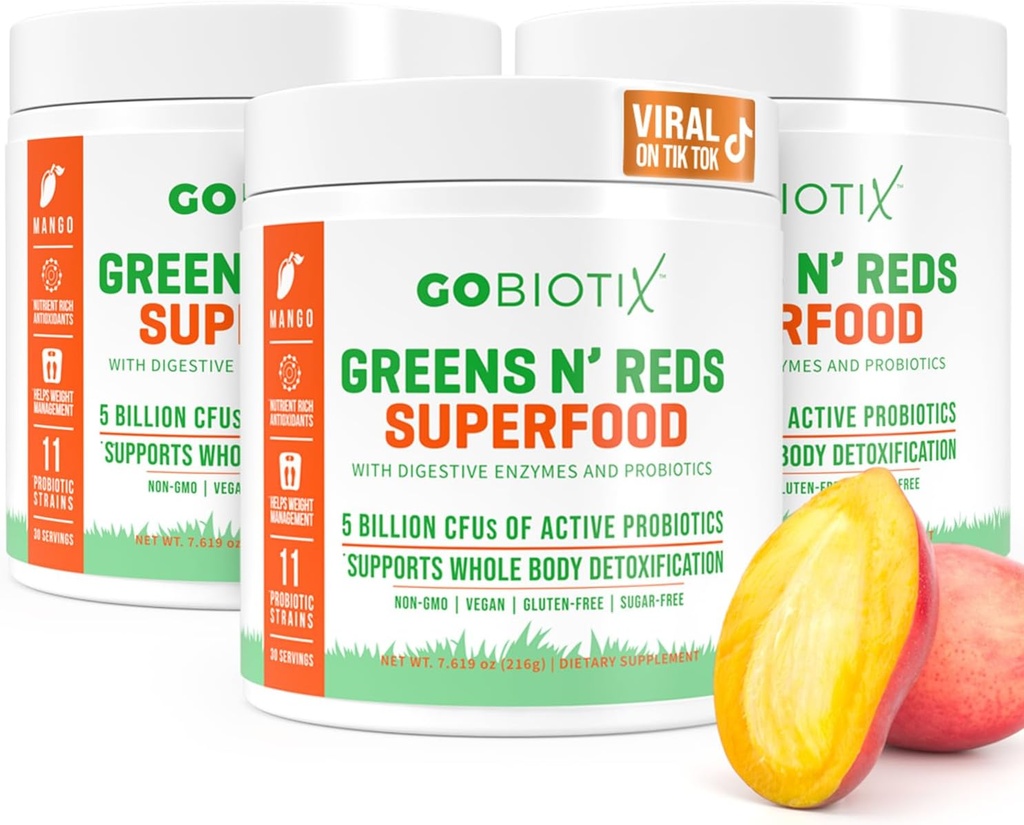 GOBIOTIX Super Zelené a červené Powder - Červený a zelený Superfood - Probiotický dodatek - Digestivní Enzymy a kořenový prášek pro řepu - Organic Whole Foods Dieter Supplement (Mango, 3 Pack)