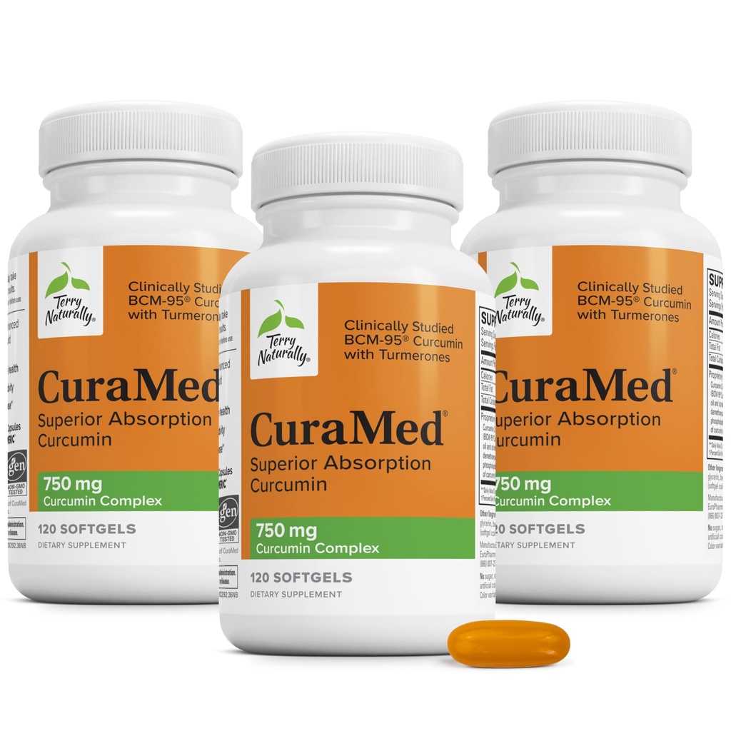 Terry Přirozeně CuraMed 750 mg - Antioxidant Supplement for Brain & Heart Health - dodatek s vysokým potenciálem Curcumin Complex - Ledviny, játra a imunitní podpora zdraví - 120 Softgels (balení 3)