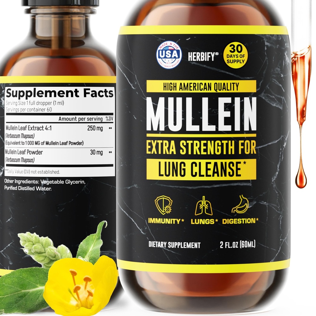 HERBIFY Mullein Extract 2 oz tinktura pro respirační zdraví, Mullein Leaf a Flowers Blend (Verbascum Densiflorum)