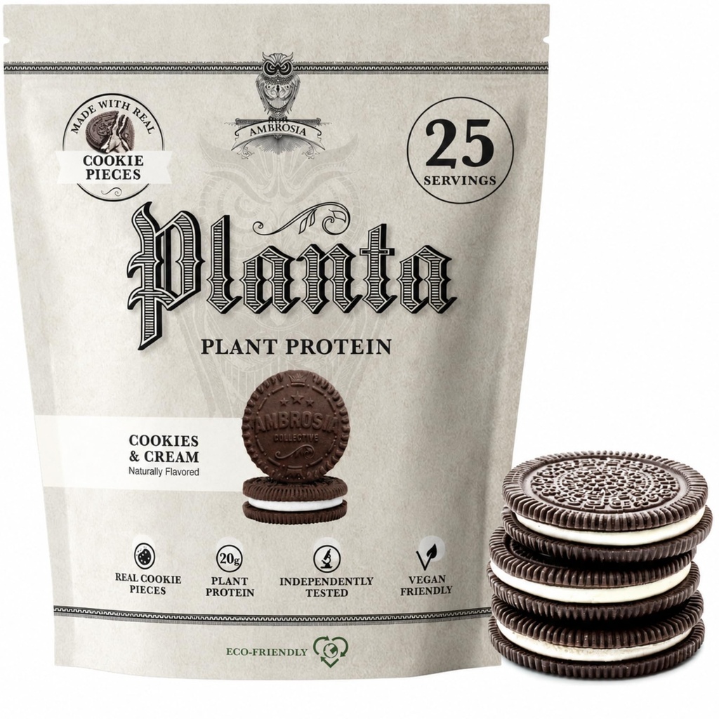 Ambrosia Planta - Premium Plant- based protein current 124; Vegan & Keto Friendly currency current 124; Gourmet Flavors with No Floating or Stomach Upset current 124; Gluten & Soy Free current 124; No Add Sugar current 124; 25 Servings currency 124; Cookies Cream