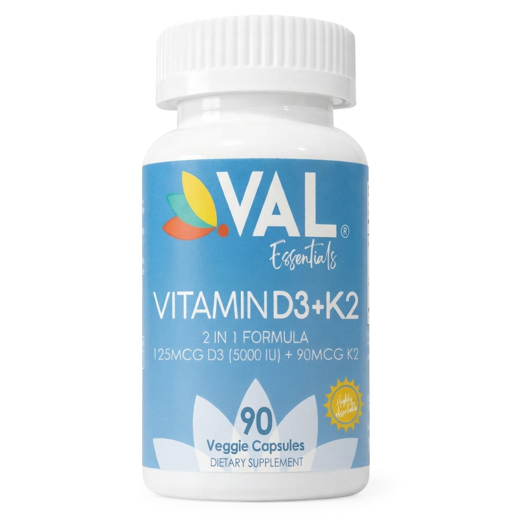 VAL Vitamin D3 + K2 (MK-7) 5000 IU & 90 mcg - Podpora zdraví kostí a srdce - Vysoká potence, Non- GMO, Snadné spolknutí - 90 Vegan Kapsle - D3 K2 dodatek Vyrobeno v USA