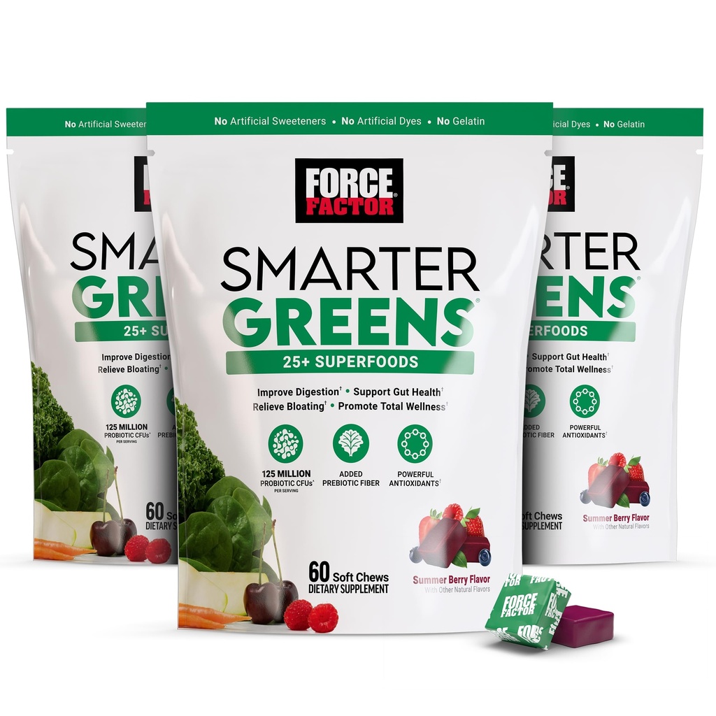 FORCE FACTOR Smarter Green Chews, 3- Pack, Green and Superfoods with Probiotics, Antioxidants, and Fiber, Green Supplement to Support Digestion, Nitric Oxide, and Energy, 180 Chews