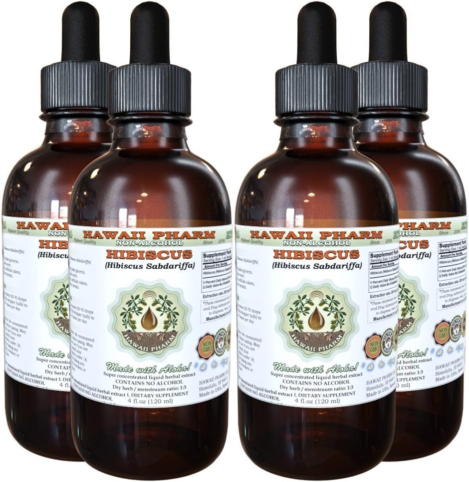 Hibiscus Alcohol- Free Liquid Extract, Organic Hibiscus (Hibiscus Sabdariffa) Sušené květiny Glycerite Hawaii Pharm přírodní bylinný doplněk 4x4 oz