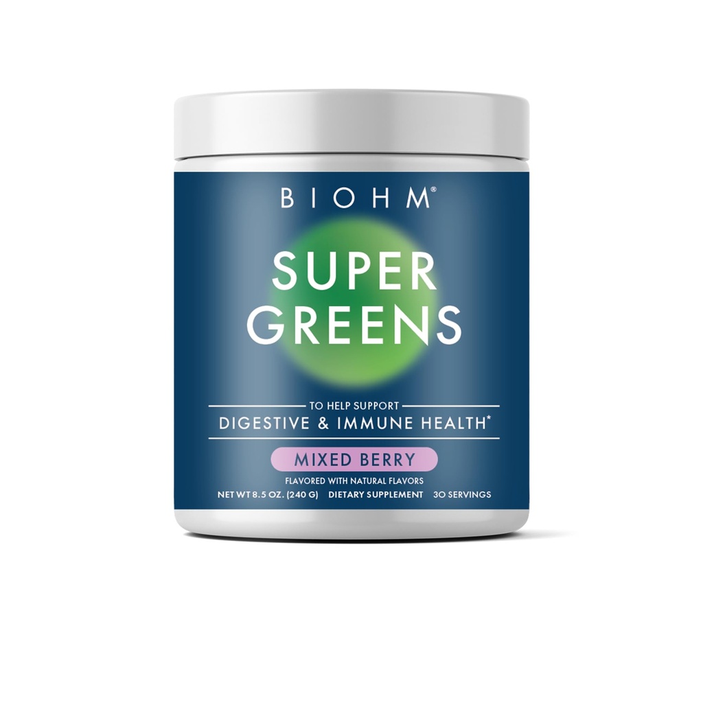 BIOHM Super Green, Green Superfood Powder (8.5 Oz, 30 Servings) Antioxidant Veggie Powder & Smoothie Mix, 34 Superfoods & Spirulina, Digestive Enzymes, Prebiotika a Probiotika, Smíšené Berry Flavor
