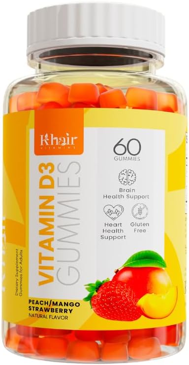 Khair Halal Vitamin D3 Gummies for Bone & Muscle Support - Non- GMO, Gluten & Želatina Free, Vegetarian, Halal- Certified, Natural Mango, Peach & Strawberry Flavors - 60 Gumy