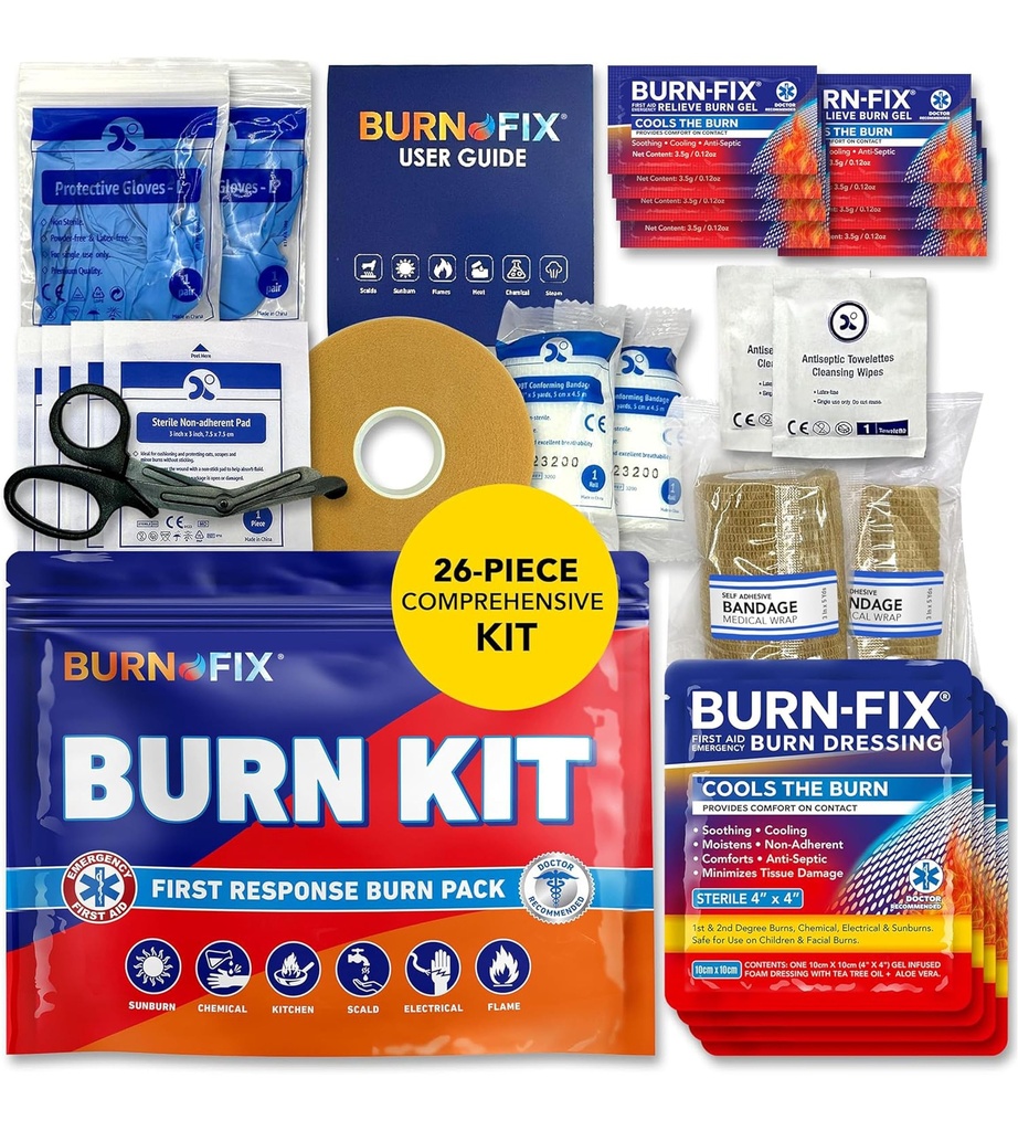 BurnFix ® Burn Kit First Aid for Burns Emergency - 26- Kousek Burn Léčba s chladicí gel, Dressings & Rukavice - Kuchyně, opalování, Chemické a Scald Relief - Domů, Kancelář, Cestování