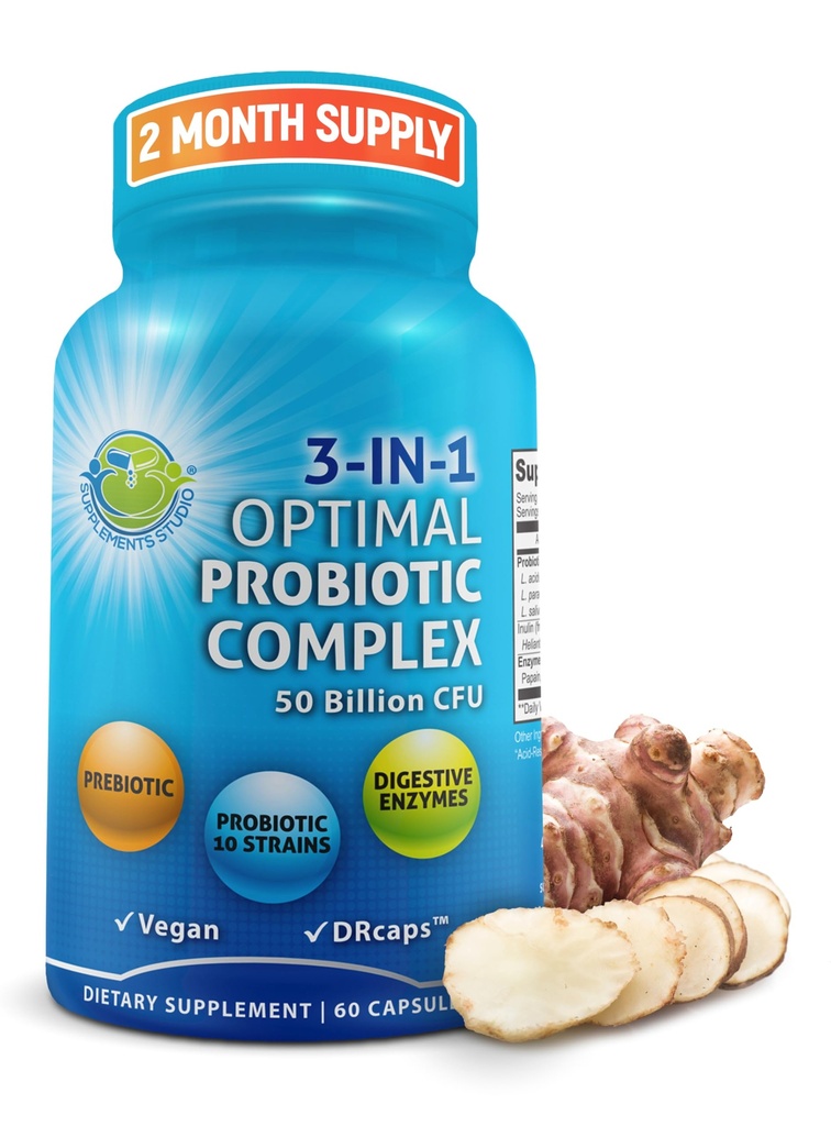 Probiotika s trávicími enzymy a prebiotika pro ženy a muže - 3- in-1 Vegan Probiotic Prebiotic Multi enzyme Complex for Gut Health - Maximální absorpční zpoždění - Uvolnění kapsle