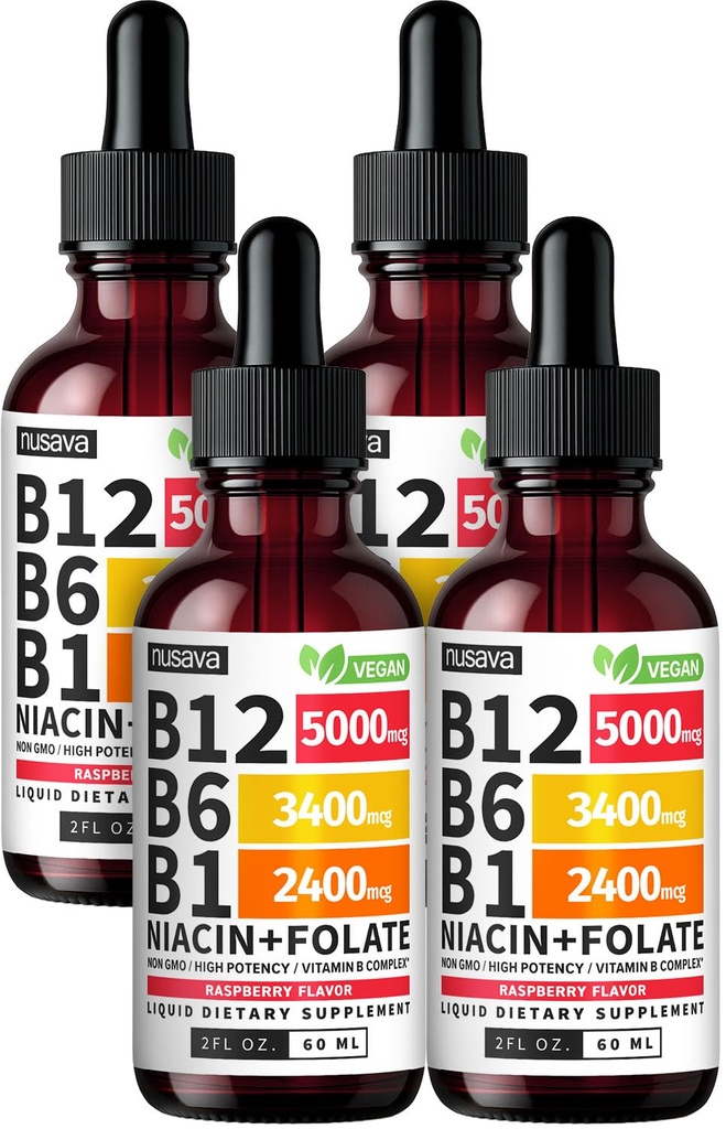 (4 balení) Vitamin B12 a B6 Tekuté kapky, B12 Sublingvální vitamin B Komplex - B 12 Vitamin 5000mcg - B12 Methylkobalamin pro energii, mozek, a srdeční podpora s 27,200 mcg, Jahoda, 80 Služení