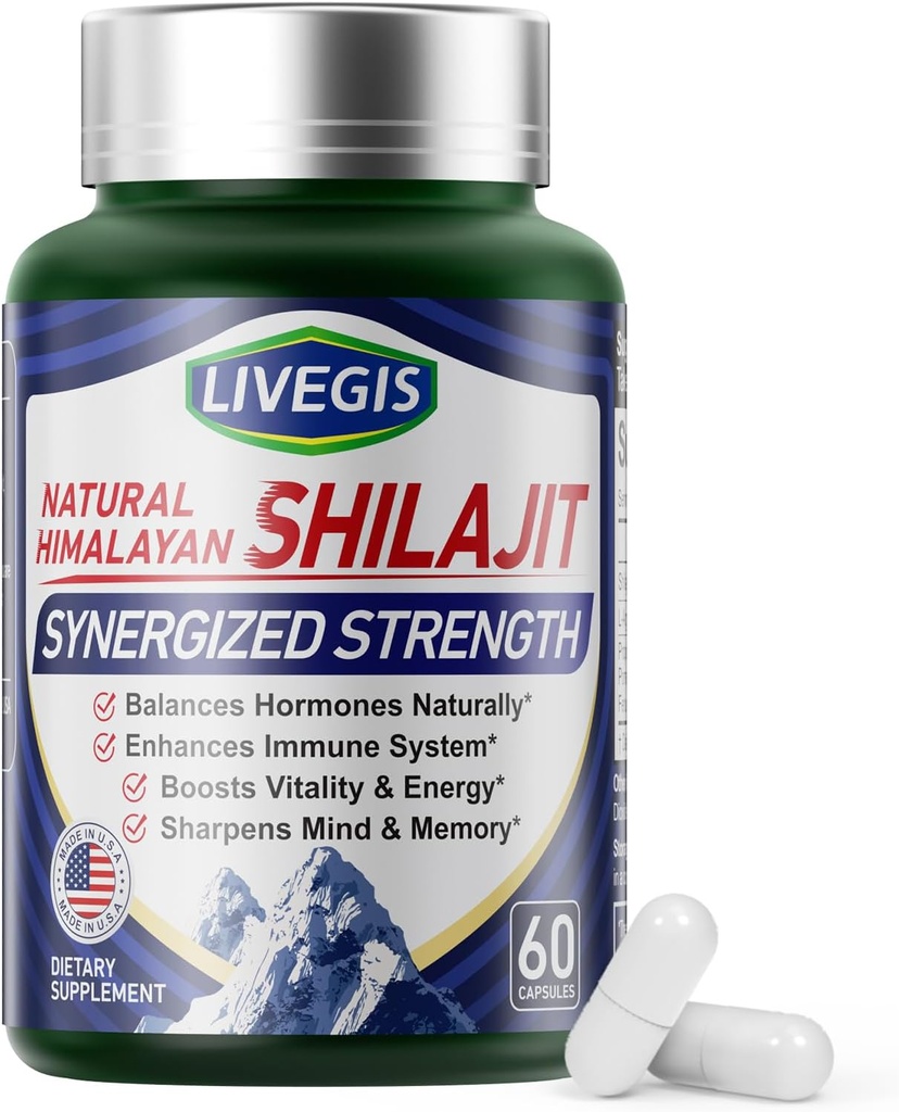 Himalayan Shilajit Kapsle Balance Hormony, Zvýšení imunity, Vylepšení Vitality & Paměť, High- Příplatek potenciálu s různými složkami, Non- GMO Natural & Organic - 60 Počítání