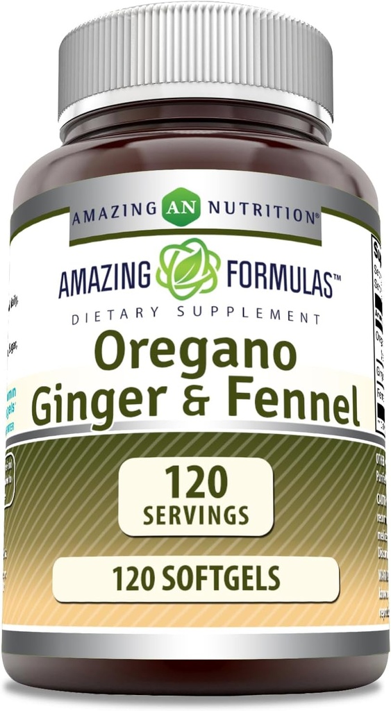 Amazing approvas Oregano Oil s doplňkem Ginger & Fennel CLANE124; 120 Softgels CLANE124; Non- GMO CLANE124; Gluten- Free CLANE124; Made in USA