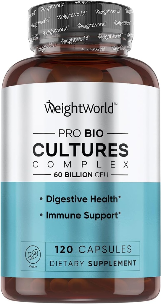 WeightWorld Bio Cultures Complex - Probiotika pro ženy a muže - Trojstranná laboratoř testována - 120 Vegan Kapsle (2 měsíce dodávky) - 60 miliard CFU s 20 Probiotických Stran - Vegan, Non- GMO & gluten- bez