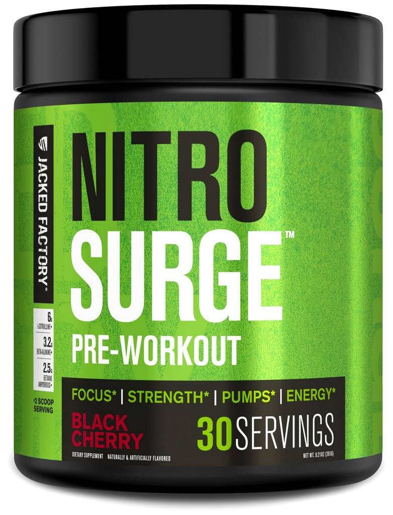 Jacked Factory NITROSURGE Pre Workout Dodatek - Nekonečná energie, Instant Strength Gains, Clear Focus and Intensive Pumps - NO Booster & Powerful Preworking Energy Powder - 30 Služeb, Black Cherry