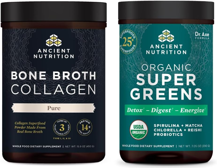 Starověké Nutrition Bone Broth Kolagen Powder, Čisté, 30 Servings + Organic Supergreens Powder, Green Flavor, 25 Servings
