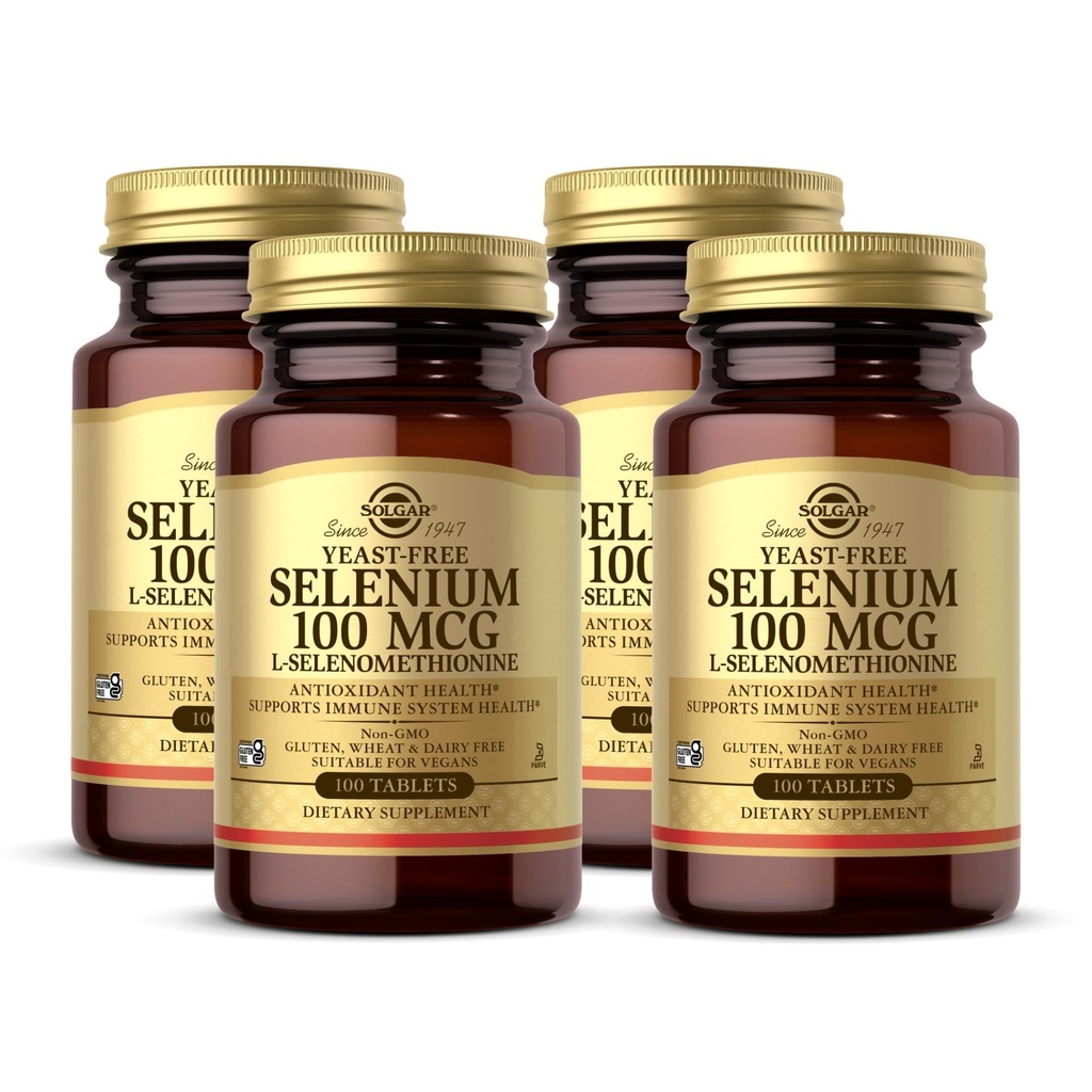Solgar Yeast-Free Selen 100 mcg - 100 Tablet, Balení 4 - Podporuje antioxidant & imunitní systém zdraví - Non- GMO, gluten zdarma, mlékárna zdarma, Kosher - 400 Celkem Služeb