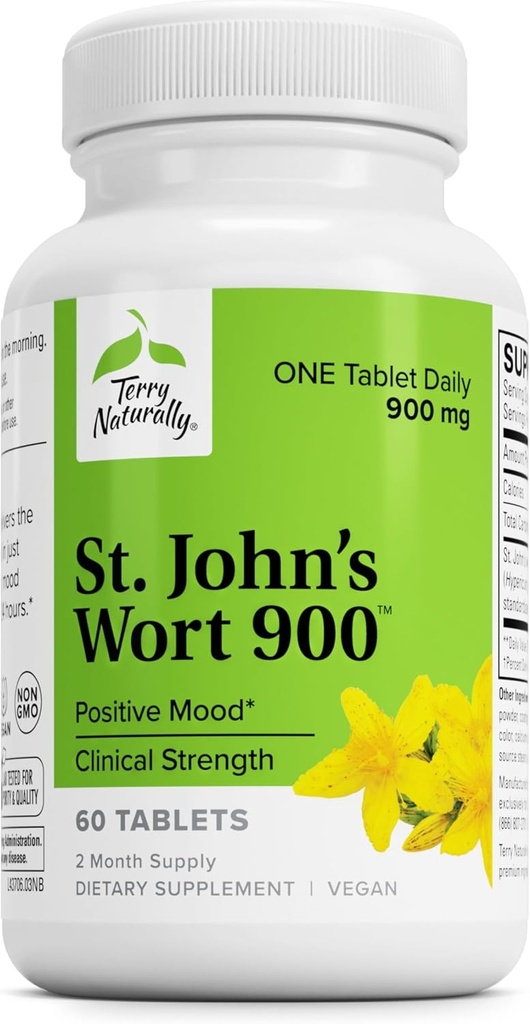 Terry Natural St John 's Wort 900- 60 tablet - Poskytuje plnou klinickou dávku - Non- GMO, Vegan, gluten zdarma - 60 Služeb