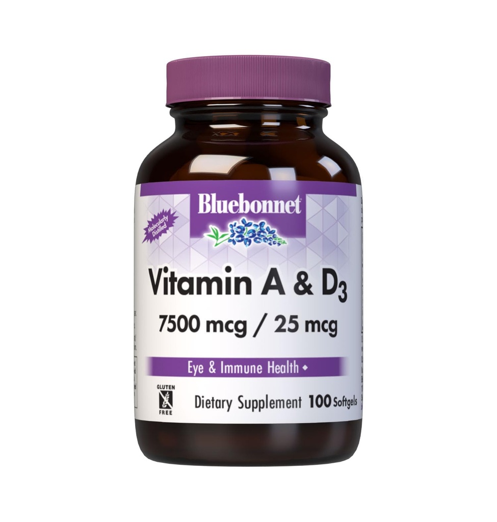 Bluebonnet Nutrition Vitamin A & D3 25 000 IU / 1000 IU z hlubokého moře, studené vody, rybího oleje - pro oční zdraví a imunitní funkci * - Gluten Free - Dairy Free - Molekulárně destilované - 100 Softgel / Servings