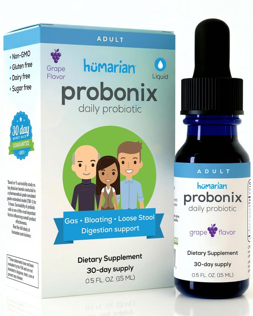 Probonix Humarian Liquid Probiotika pro dospělé - 12- Strain Probiotické Kapky k posílení Gut zdraví, imunity a více - 30- denní dodávky - Delicious Grape Flavor