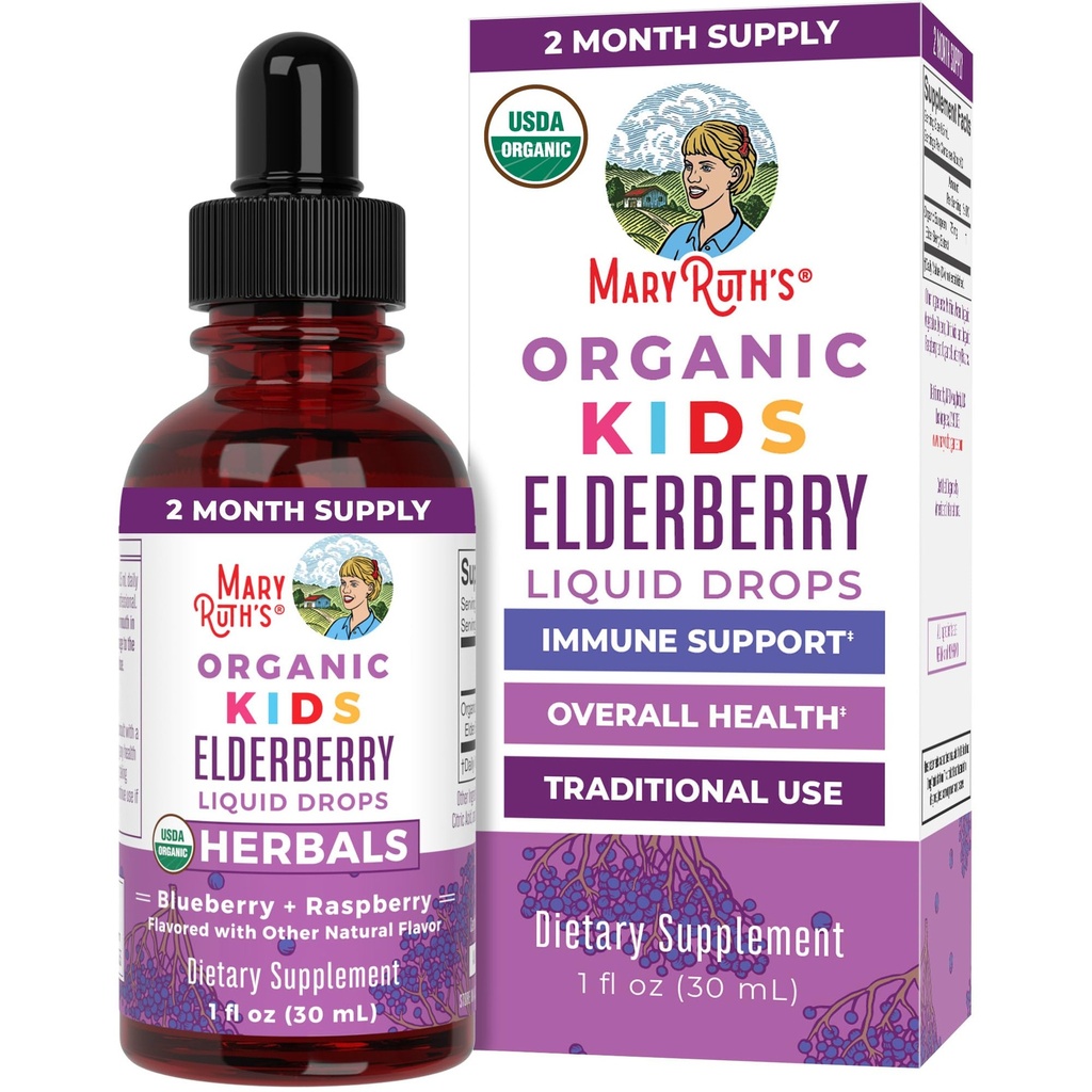 MaryRuth Organics USDA Organic Elderberry Liquid Drops for Kids CLAS124; Vegan Elderberry Extract Organic Glycerin CLAS124; Immunication Supplement CLAS124; Celkově Health CLAS124; Extracted for ages 4-13 CLAS124; 1oz
