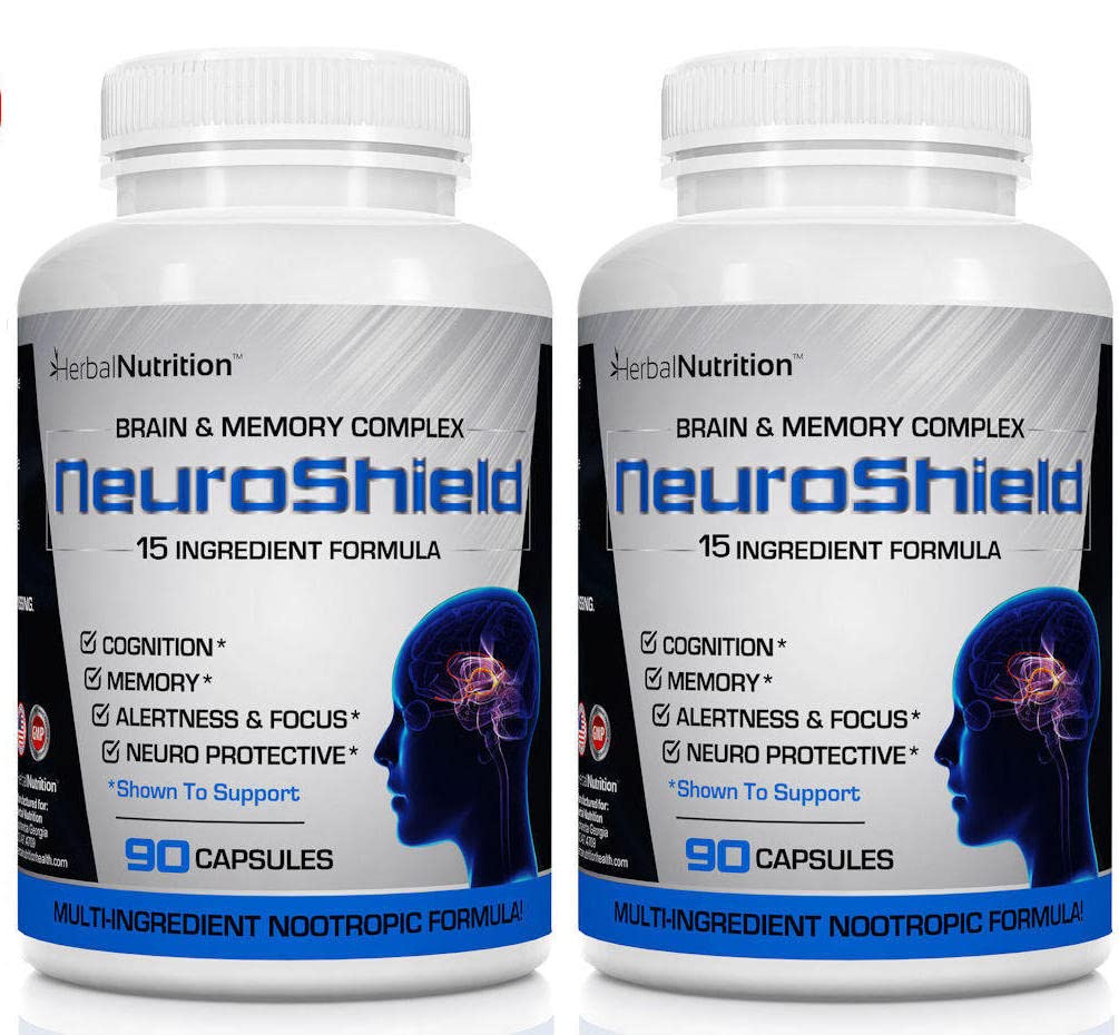 NeuroShield, Mozkový dodatek Nootropní mozkový booster a doplněk paměti, Obsahuje Huperzine A, Ginko Biloba, Bacopa Plus Antioxidanty pro zdraví mozku, Multi- ingredience, 2 Lahvičky, 180 Kapsle