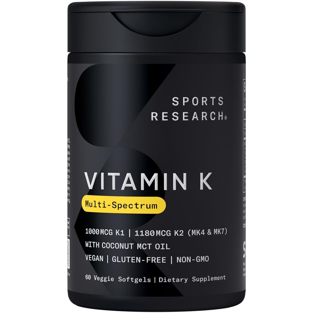 Sportovní výzkum Vitamin K Multispektrum - Tři typy vitamínu K: K1, K2 MK-4 & K2 MK-7 - Vegan Friendly, Plantgel kapsle - 60 softgelů