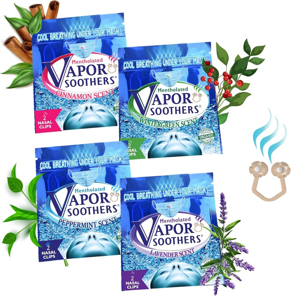 Nasal Dilator klipy, Cool & Easy Dýchání pod vaší maskou, 4-Scent Variety Pack (Pepermint, Wintergreen, Skořice, Levandule), 8 Počet, Instant Nasal Congestion Relief, Drog-Free