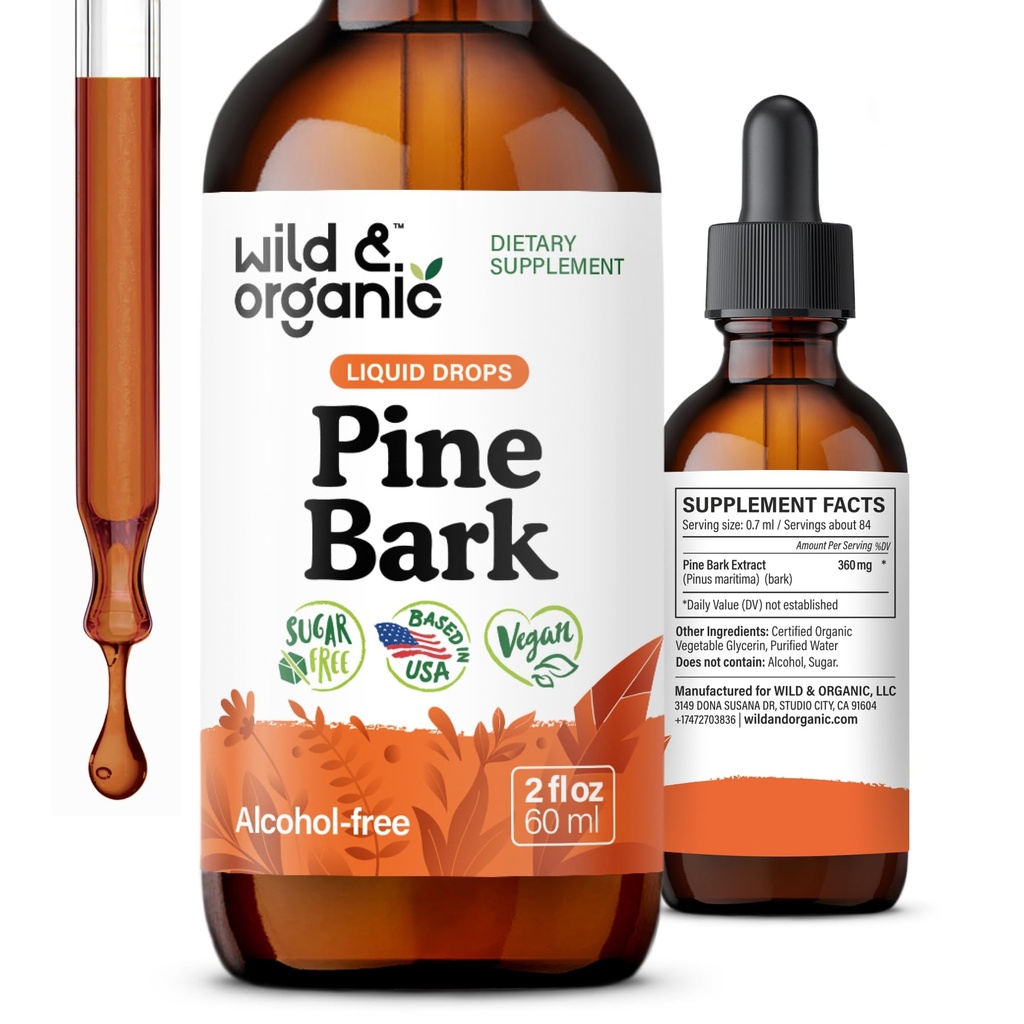 Wild & Organic Pine Bark Extract Tincture - Antioxidant Support - Pinus Pinaster Supplementary - French Maritime Bark Liquid Drops - 2-Month Supply - Vegan, Alkohol & Sugar- Free - 2 fl oz