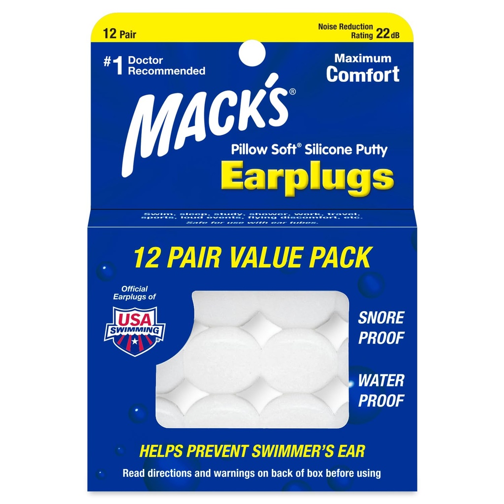 Mack 's Pillow Soft Silicone Earscocks, 12 Pair - Původní Molyable Silicone Putty Ušní Plugy pro spánek, Snoring, Plavání, Cestování, Koncerty a Studium 124; Made in USA