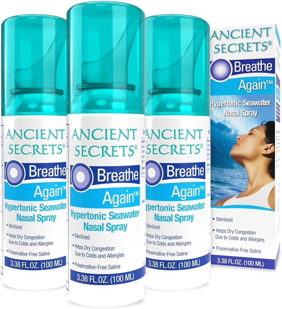 ANCIENT SECRETS Saline Nasal Spray - Dech opět Hypertonický Seawater Nasal Spray, Alergie & Sinus Relief, Nasal Congestion Moisturizer, 3.38 Fl Oz (balení po 3)