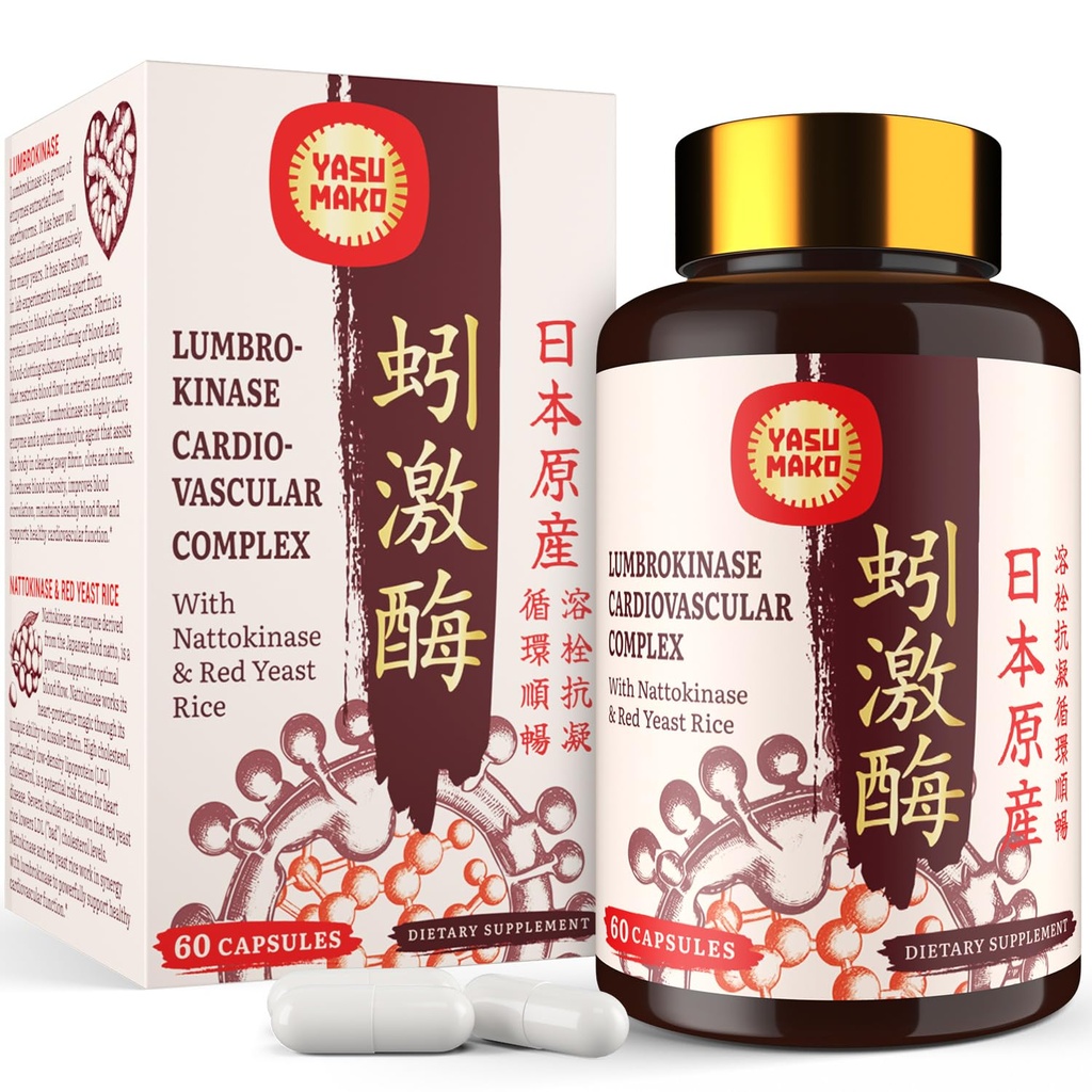 Lumbrokináza 100mg (Max Activity 1.000.000 LKU), Nattokináza 100mg- 2000 FU aktivity a Red Yeast Rice 300mg, Potent Lumbrokináza Enzymes Dodatek pro oběhové, kognitivní, 60 Kapsle (Balení po 1)