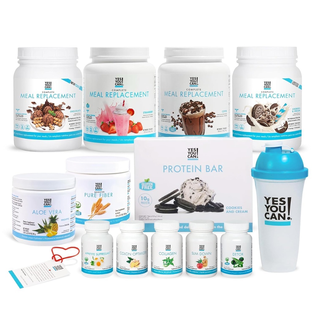 Ano, můžeš! All- in- One Kit s náhradním jídlem třesením, Aloe Vera Drink Mix, Fiber Shake Mixer, Protein Snacks, doplňky - Kompletní Wellness Kit