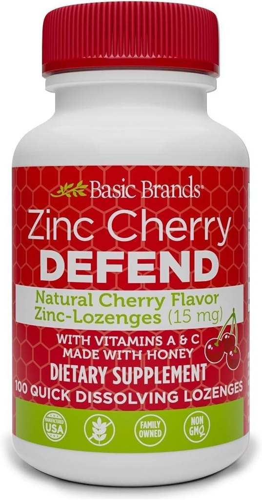 Basic Brands - Zinek Cherry Defend - 100 Lozeng - Přírodní třešňový flavor Zinc- Lozenges - Imunitate Boost, Cold Relief, Non- GMO, zink acetát a vitamín C - 2-Pack