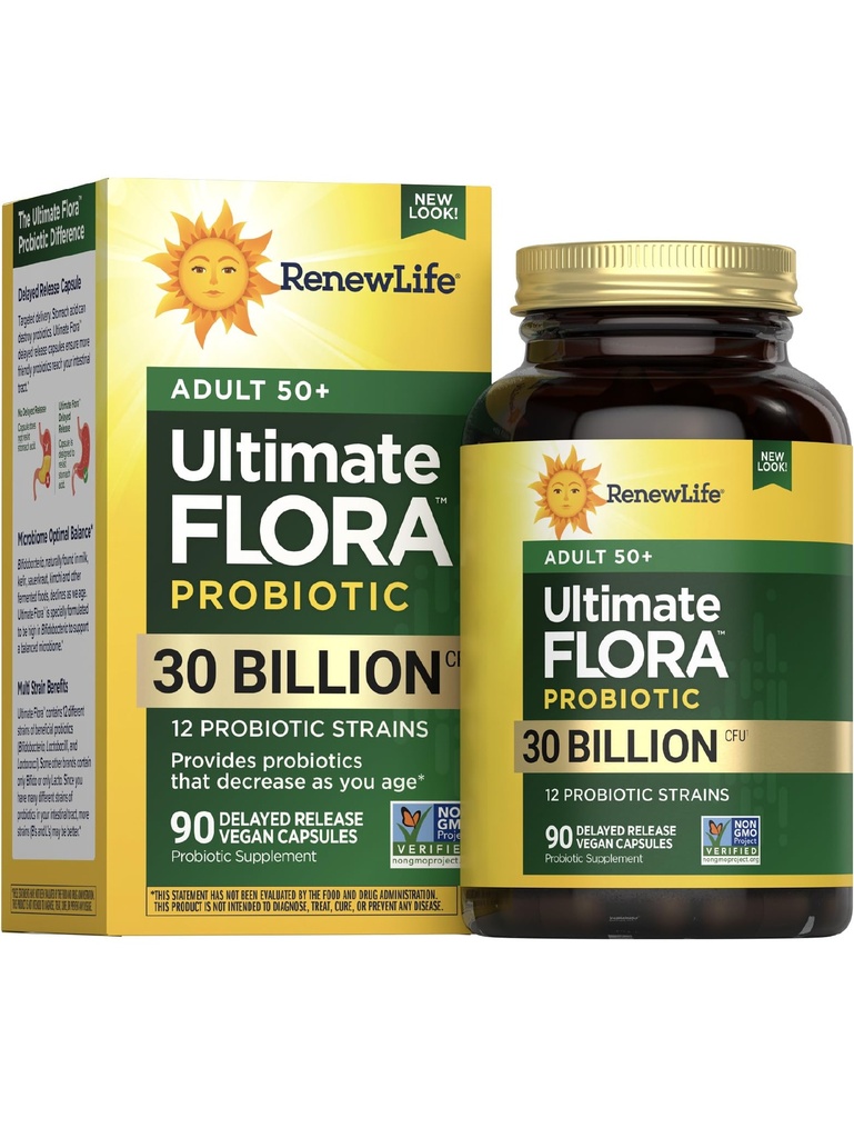 Reew Life Probiotic Adult 50 Plus Probiotické kapsle, Denní dodatek podporuje močení, stravovací a imunitní zdraví, L. Rhamnosus GG, Mléčné mléko, Soy a gluten- free, 30 miliard CFU, 90 Počet