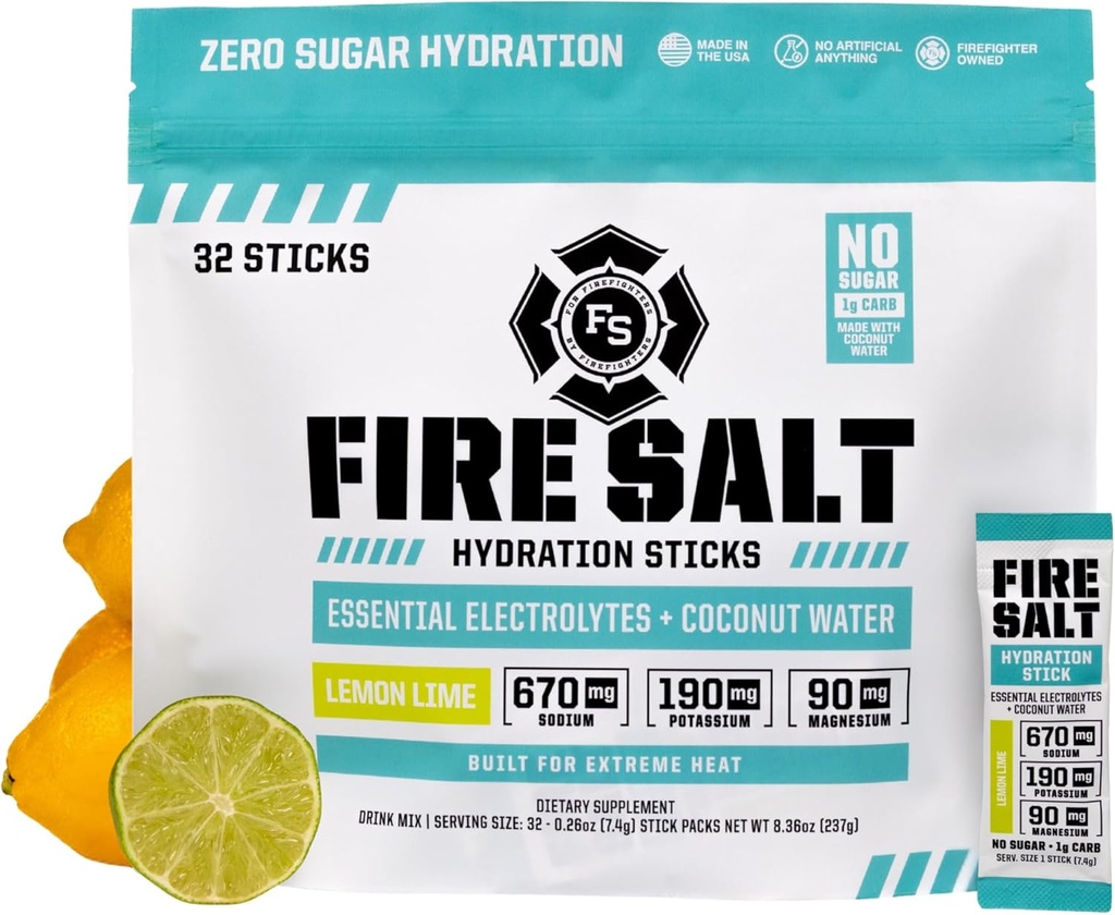 Fire Science Fire Salt Hydration Sticks, Electrolytes & Coconut Water, Hydration Drink Mix with Magnesium, Draslík & Sodík, Nulový cukr, Single Serve On The Go Packs, Lemon Lime Flavor, 32 Počet