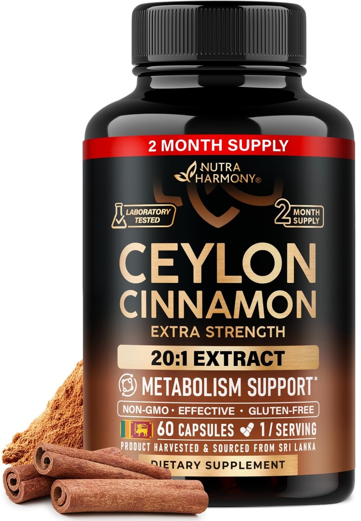 Ceylon Skořice Kapsle - Extra síla - Energy Heart & Metabolismus Podpora pro muže a ženy - Čistá přírodní Skořice 20: 1 Extract dodatek - GMO & gluten zdarma - Made in USA - 60 Kapsle 2 měsíce