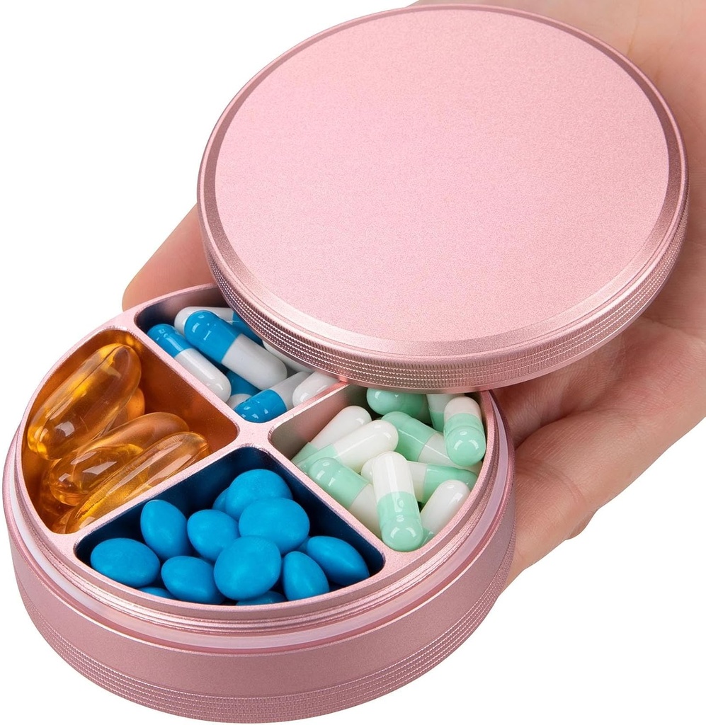 Metal Pill Pořadatel 4 Compartments - Přenosné cestovní Pill Pouzdro Denní, Vodotěsné Pill Box pro kabelku, Kompaktní Pill Holder Medicine Kontejnery pro vitamin Cod Játra olejové doplňky Pink