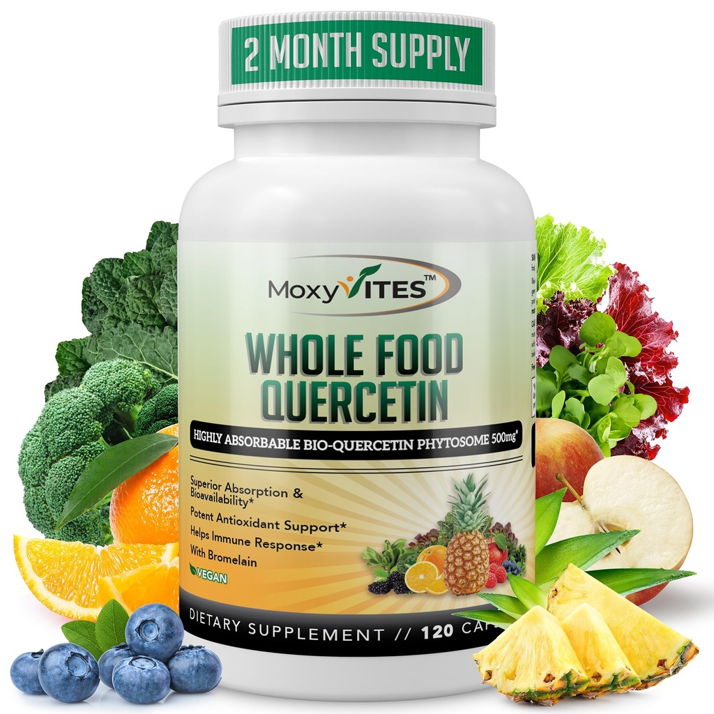 MoxyVites Quercetin s Bromelain 500mg Dodatek - Bioactive Phytosome Complex, Pure Organic All Food Seasonal Support, Antioxidant, 20X Absorpce & Biologicability- 120 Caps