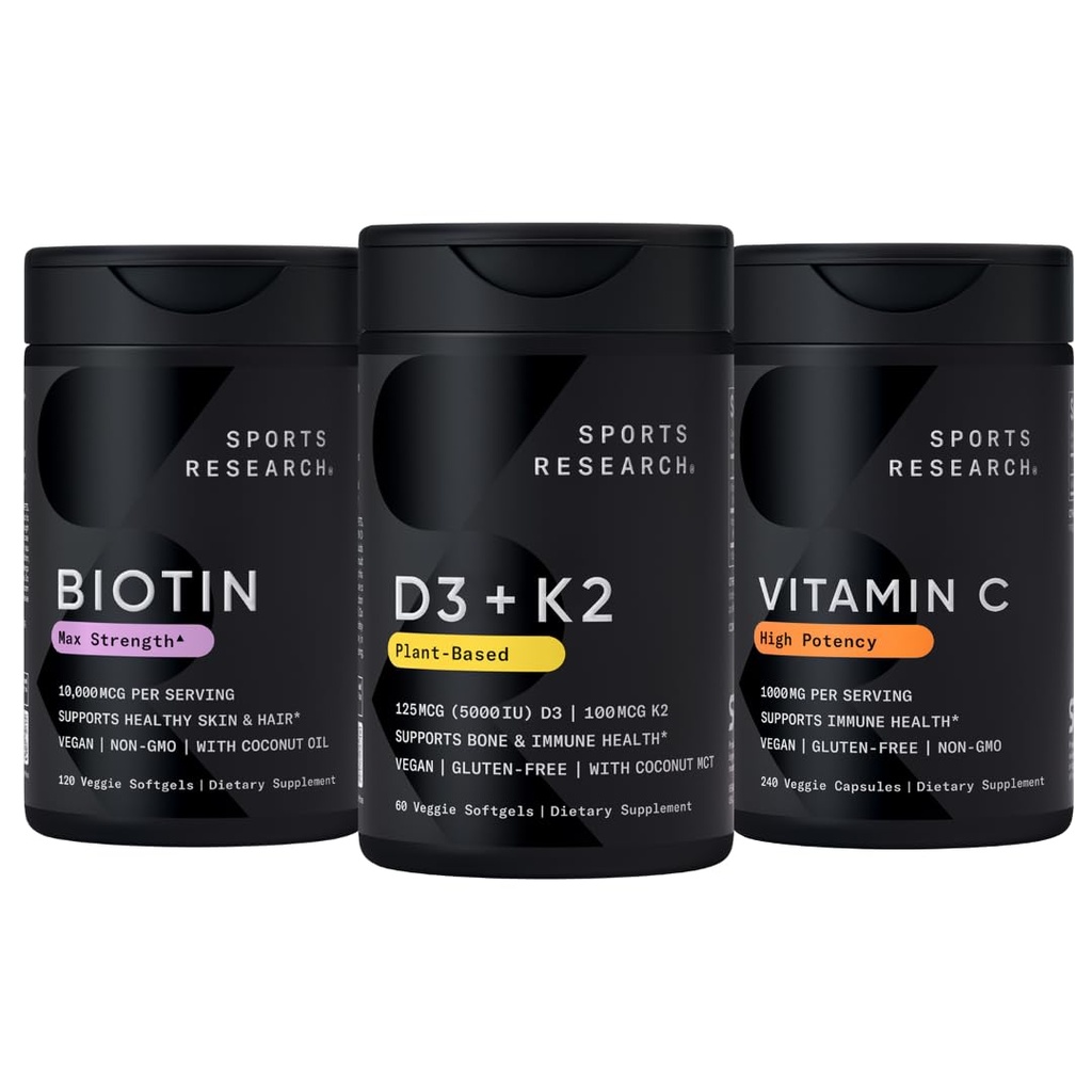 Sportovní výzkum Vitamin D3 5000iu K2 100mcg, Vegan Biotin 10,000mcg s kokosovým olejem a vysokou potencí vitamin C dodatek 1000mg