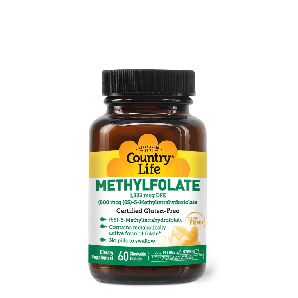 Country Life Methylfolát Žvýkací tablety - metabolicky aktivní folát - Great Orange Flavor - Gluten- Free - Smooth Melts - Vegan B12 - Ženské vitamíny - Denní dodatek - 60 Tablety