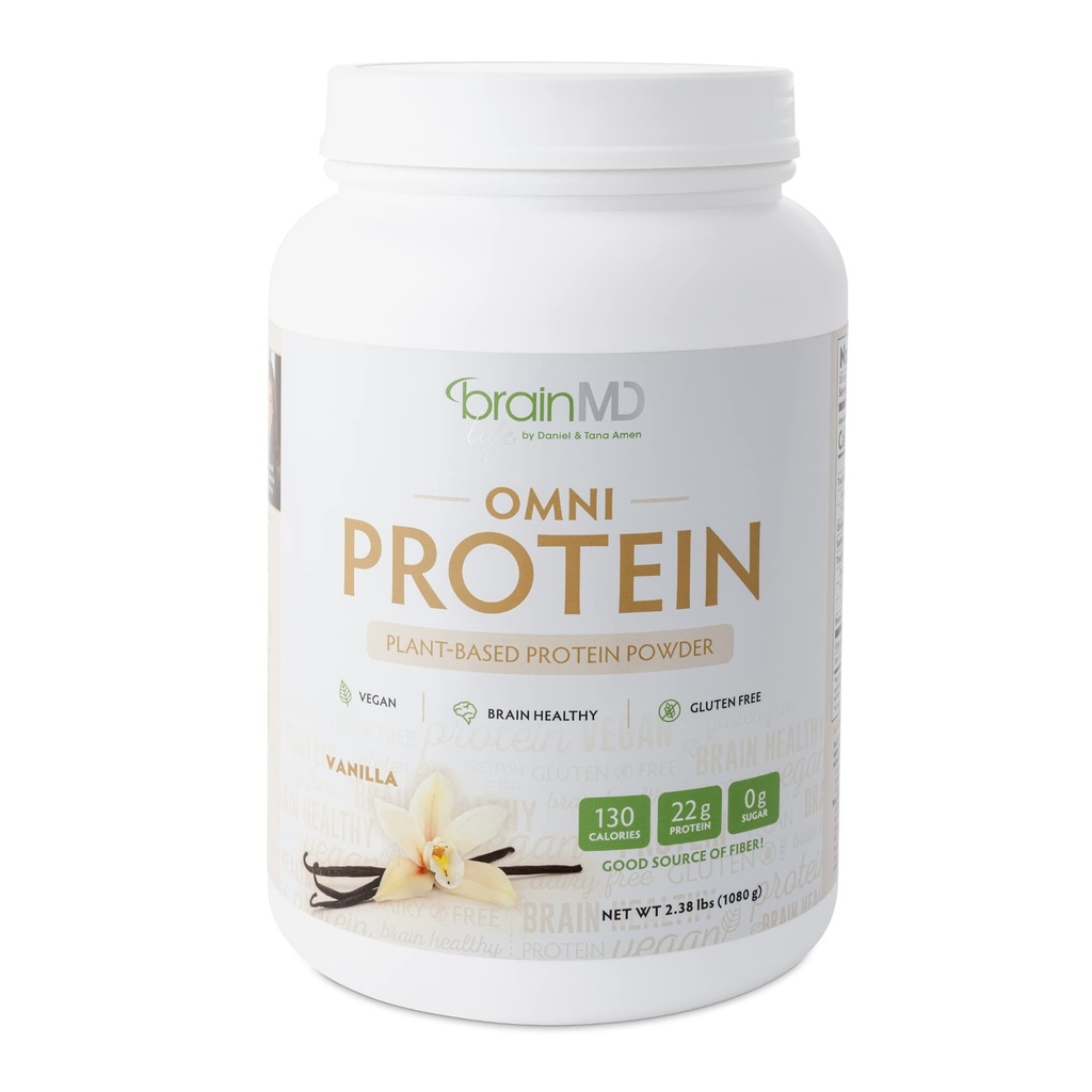 BRAINMD Dr. Amen Omni Protein Vanilla - 2,38 lbs - Plant- based Protein Powder - Promotes Energy & Cvičení Recovery - Vegan, Vegetarián, cukr zdarma, gluten zdarma - 30 Služeb
