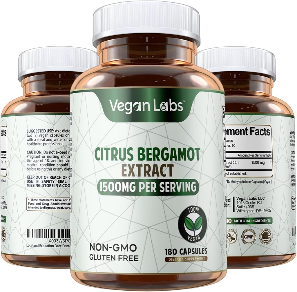 Vegan Labs Citrus Bergamot Extract 1500MG- 180 Vegan Capsules - 25: 1 Citrus Bergamia Extract- Podporuje celkové zdraví a antioxidační ochranu - gluten zdarma, Non- GMO