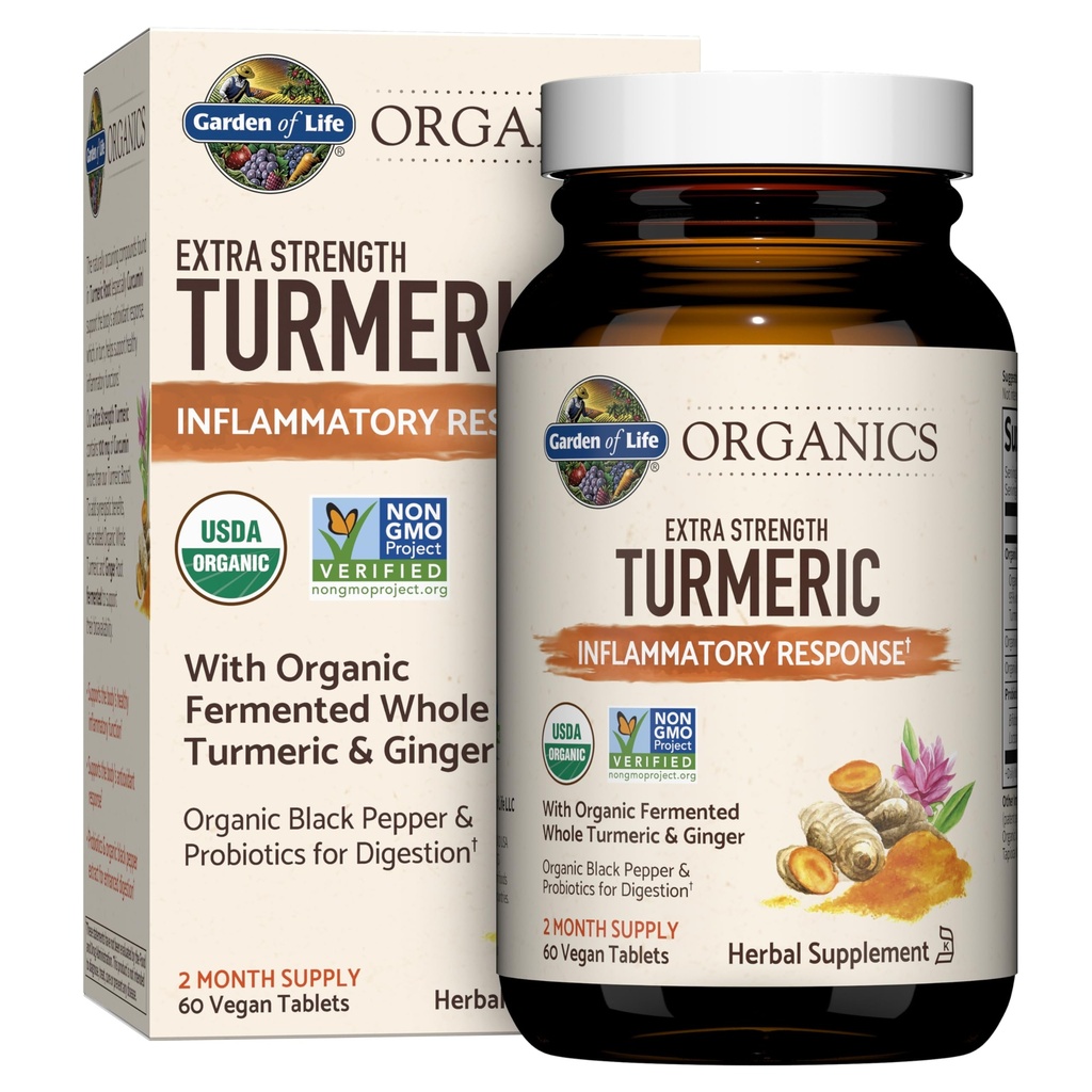 Zahrada života Organics Extra síla Turmeric Zánět odpověď 60 Tablets- 100mg Curcumin (95% Kurkuminoidy) Black Pepper, Probiotika, Organic Non- GMO Vegan gluten zdarma Bylinný dodatek