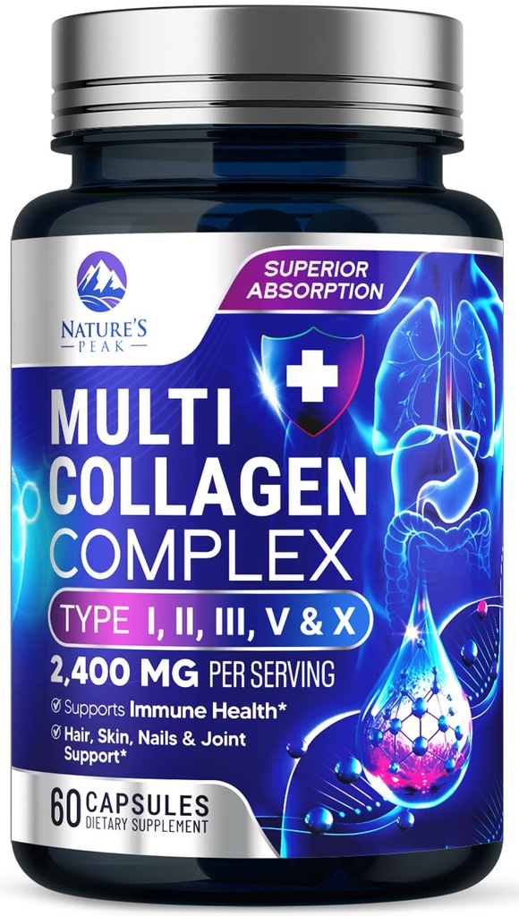 Multi kolagen Peptidy dodatek pro vlasy, hřebík, kůže - typ I, II, III, V, X, kolagen prášek pilulky - Grass- Fed, Hydrolyzované pro kosti a společnou podporu pro ženy a muže, Non- GMO - 60 Kapsle