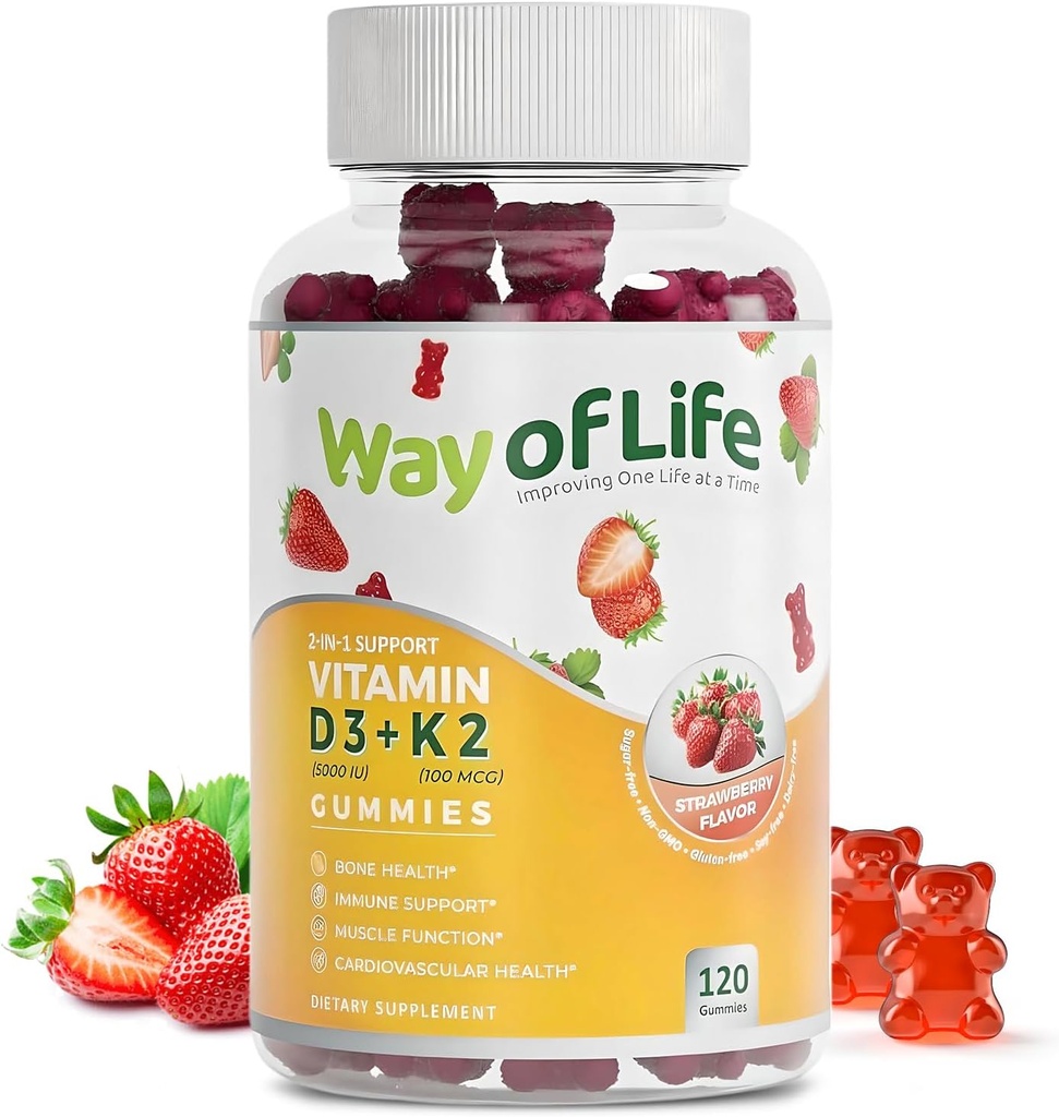 Vitamin D3 5000 IU (125 mcg) + K2 (MK- 7) 100 mcg Sugar- Free Gummies, Strawberry - 120 Počet, Kost a srdce Zdraví pro dospělé, Muscle Funtion, Pectin, Chuť, Chewy, Non- GMO, Gluten- Free, Gelatin- Free
